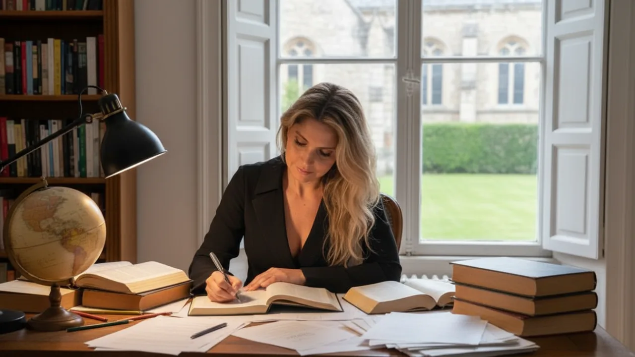 Editorial portrait of a female executive writing in her study, symbolizing authority and strategic thinking.